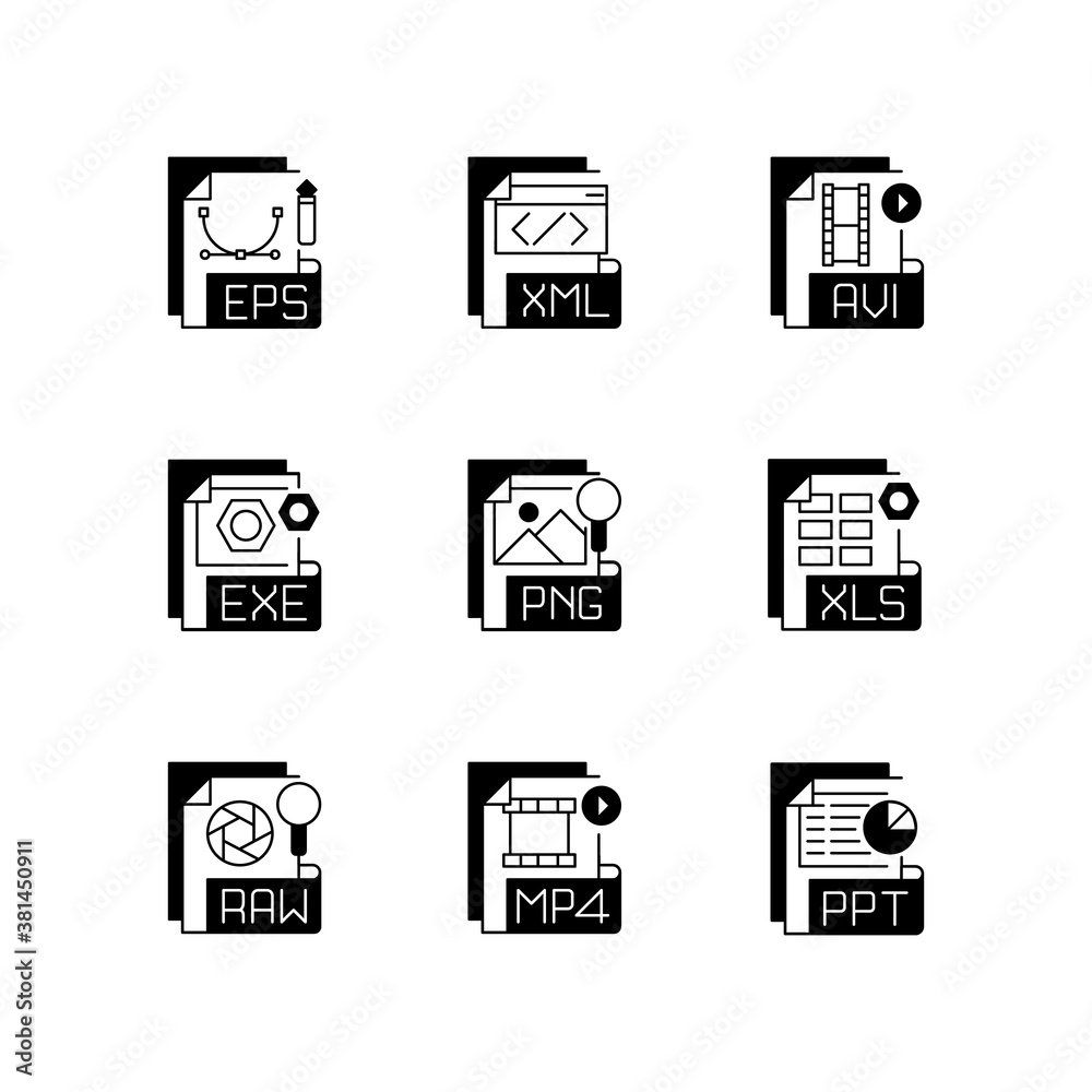 Poster file formats black linear icons set. different types. vector image, spreadsheet, video, executable, 