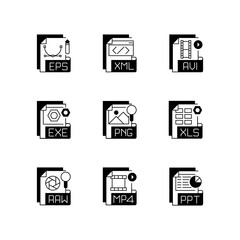 File formats black linear icons set. Different types. Vector image, spreadsheet, video, executable, data files. Graphic software. Glyph contour symbols. Vector isolated outline illustrations