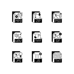 File formats black linear icons set. Various types. Audio, lossless compression, web, raster image, text files. Storing music. Glyph contour symbols. Vector isolated outline illustrations