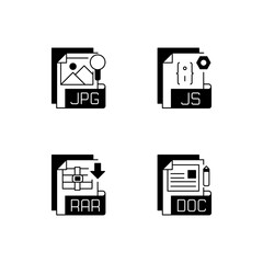 File types black linear icons set. JPG. JS. RAR. DOC. Text, raster image, web, compressed files. Digital images. Javascript source code. Glyph contour symbols. Vector isolated outline illustrations