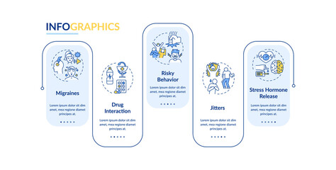 Energy drinks health effects vector infographic template. Harmful consequences presentation design elements. Data visualization with 5 steps. Process timeline chart. Workflow layout with linear icons