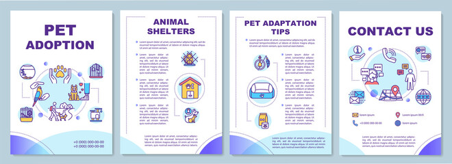 Pet adoption brochure template. Animal shelters. Pet adaptation tips. Flyer, booklet, leaflet print, cover design with linear icons. Vector layouts for magazines, annual reports, advertising posters