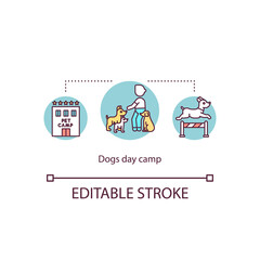 Dogs day camp concept icon. Practice daily manners. Dog boarding services. Pet behavior training idea thin line illustration. Vector isolated outline RGB color drawing. Editable stroke