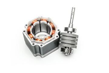 Stepper motor, disassembled, on white