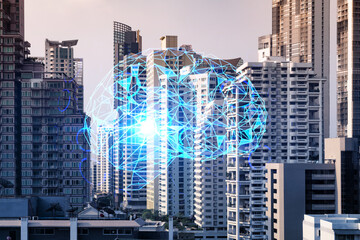 Brain hologram over panorama city view of Bangkok, the largest science hub in Asia. The concept of developing coding and high-tech science. Double exposure.