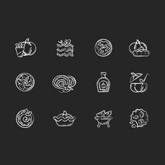 Pumpkin recipes chalk white icons set on black background. Different gourd dishes, healthy homemade food. Seasonal vegetarian eating, rustic cuisine. Isolated vector chalkboard illustrations