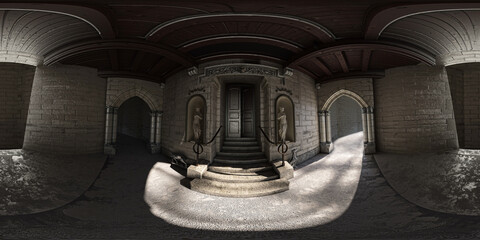 Monumental entrance with ancient wooden gothic doorway with sculptures, Stereographic image, pano 360 vr, 3d rendering, 3d illustration