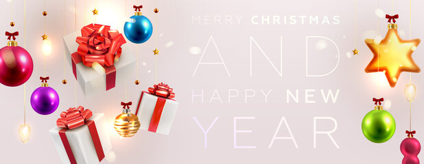 Happy New Year trendy cover background design with liquid dynamic fluid elements and Christmas toys for greeting card, banner, placard or poster. Eps10 vector illustration