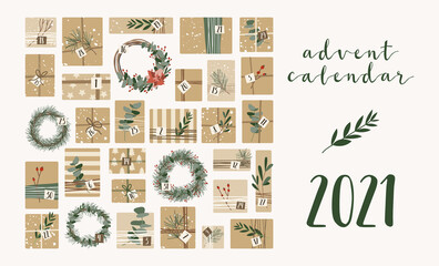 Advent calendar. Christmas presents in kraft paper and wreaths, with numbers 1 to 31. Rustic gift box. Eco decoration. New 2021 Year and Xmas celebration preparation. Vector flat cartoon style - 381452303