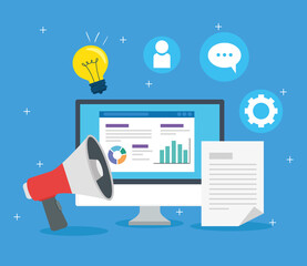 social media concept, computer and megaphone with icons vector illustration design