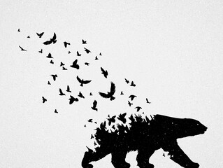 Abstract bear, flying birds. Endangered animal. Black white silhouette
