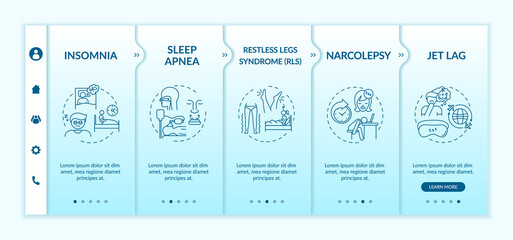Insomnia onboarding vector template. Sleep disorder. Healthcare problem. Jet lag. Sleep apnea. Responsive mobile website with icons. Webpage walkthrough step screens. RGB color concept