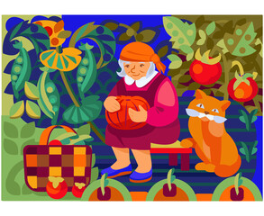 Obraz na płótnie Canvas A cute old lady with a pumpkin in her garden. With a ginger cat. Bright, colorful illustration in flat style.