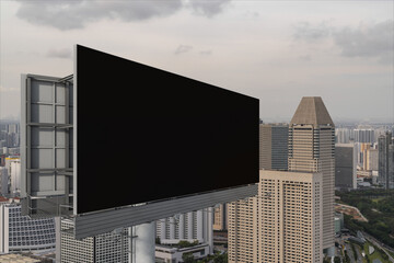Blank black road billboard with Singapore cityscape background at sunset. Street advertising poster, mock up, 3D rendering. Side view. The concept of marketing communication to sell idea.