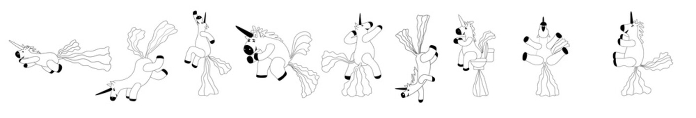 Set Unicorns smiling pooping a rainbow, fantasy cute character beast multicolored shit turd, lineart