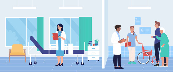 Old people in hospital vector illustration. Cartoon flat elderly hospitalized woman character visiting doctor team for diagnosis checkup and medical treatment. Disabled healthcare, medicine background