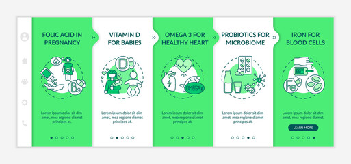 Vitamins and supplements onboarding vector template. For pregnancy, babies, healthy heart. Responsive mobile website with icons. Webpage walkthrough step screens. RGB color concept