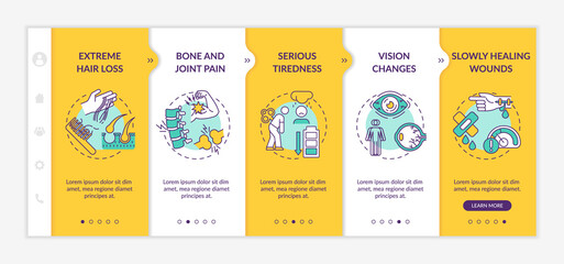 Vitamin shortages onboarding vector template. Hair loss, bone and joint pain, serious tiredness. Responsive mobile website with icons. Webpage walkthrough step screens. RGB color concept