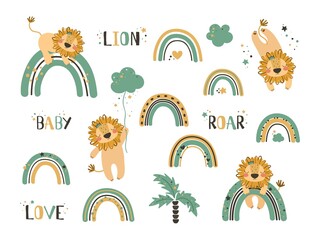 Set of cute lion clip art. Use this clipart to create baby shower invites, nursery art, birthday decor, greeting cards, children's clothing. Vector illustration. - obrazy, fototapety, plakaty