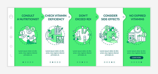 Recommended daily vitamins intake onboarding vector template. Consultation with nutritionist. Responsive mobile website with icons. Webpage walkthrough step screens. RGB color concept