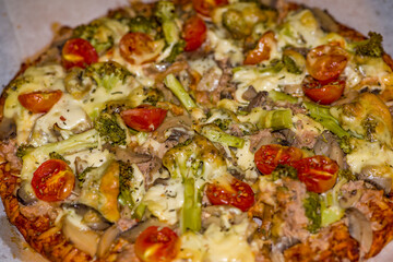 Special pizza with green bell pepper, olives, onion, mushrooms,