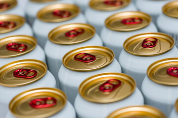 aluminum cans with carbonated water, energy drinks or beer. the view from the top
