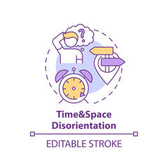 Time and space disorientation concept icon. Patient with confusion. Sign of dementia. Brain health idea thin line illustration. Vector isolated outline RGB color drawing. Editable stroke