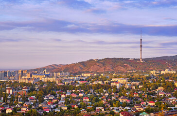 Harmonious architecture of Almaty city at sunset; beauty and greatness of Kazakhstan concept