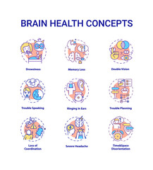 Brain health concept icons set. Drowsiness from lack of sleep. Memory loss. Double vision. Health care idea thin line RGB color illustrations. Vector isolated outline drawings. Editable stroke