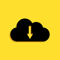 Black Cloud download icon isolated on yellow background. Long shadow style. Vector.