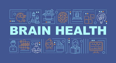 Brain health word concepts banner. Neuroscience, diagnostics and treatment service. Infographics with linear icons on turquoise background. Isolated typography. Vector outline RGB color illustration