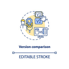Version comparison concept icon. Software feature idea thin line illustration. Product development. Differences highlighting. Updates. Vector isolated outline RGB color drawing. Editable stroke