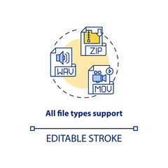 All file types support concept icon. Software feature idea thin line illustration. Filename extensions. Program and data files. Vector isolated outline RGB color drawing. Editable stroke