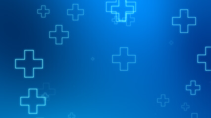 Medical health blue cross neon light shapes pattern background. Abstract healthcare technology and science concept.
