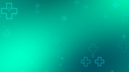 Fototapeta na wymiar Medical health blue green cross neon light shapes pattern background. Abstract healthcare technology and science concept.