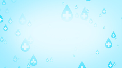Medical health cross white on blue sanitizer drop pattern background.