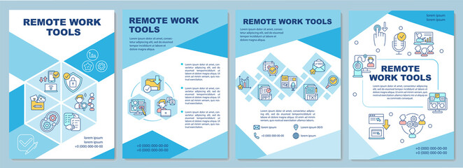 Remote work tools brochure template. Remote project management. Flyer, booklet, leaflet print, cover design with linear icons. Vector layouts for magazines, annual reports, advertising posters