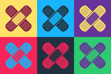 Pop art Set Bandage plaster icon isolated on color background. Medical plaster, adhesive bandage, flexible fabric bandage. Vector.