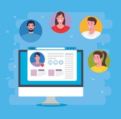 social media concept, group of people communicating by computer vector illustration design