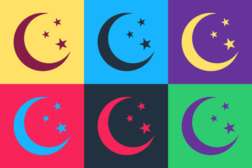 Pop art Moon and stars icon isolated on color background. Vector.