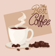 banner of the best coffee with cup ceramic and grains vector illustration design