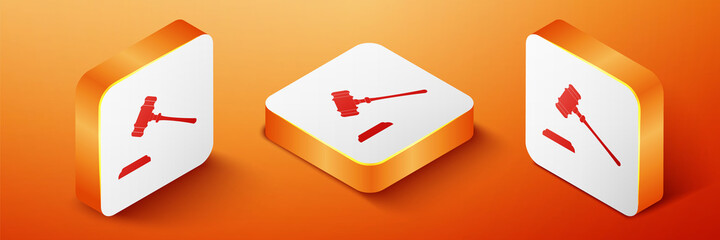 Isometric Judge gavel icon isolated on orange background. Gavel for adjudication of sentences and bills, court, justice, with a stand. Auction hammer. Orange square button. Vector.