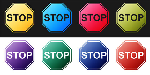 Set Stop sign icon isolated on black and white background. Traffic regulatory warning stop symbol. Vector.