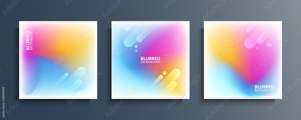 Poster Blurred backgrounds collection with modern bright abstract blurred color gradient patterns. Smooth templates set for covers, posters, banners and cards. Vector illustration.