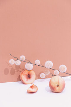 Fashion Still Life Scene With Fresh Peach And Decor Brunch. Minimal Details Aesthetic.