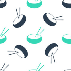 Green Bowl with asian food and pair of chopsticks silhouette icon isolated seamless pattern on white background. Concept of prepare, eastern diet. Vector.