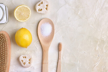 eco cleaning concept, natural non-toxic detergents, zero waste lifestyle, top view copy place, light background