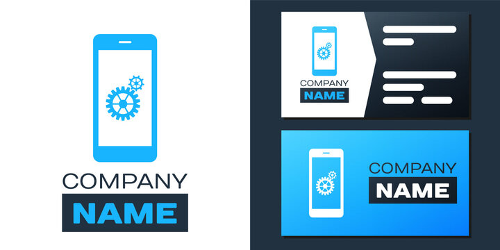 Logotype Setting on smartphone screen icon isolated on white background. Mobile and gear. Adjusting app, set options, repair, fixing phone concepts. Logo design template element. Vector.