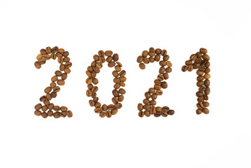 New year 2021 made of coffee beans on the white background