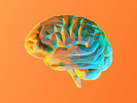 Low poly brain illustration isolated on orange BG